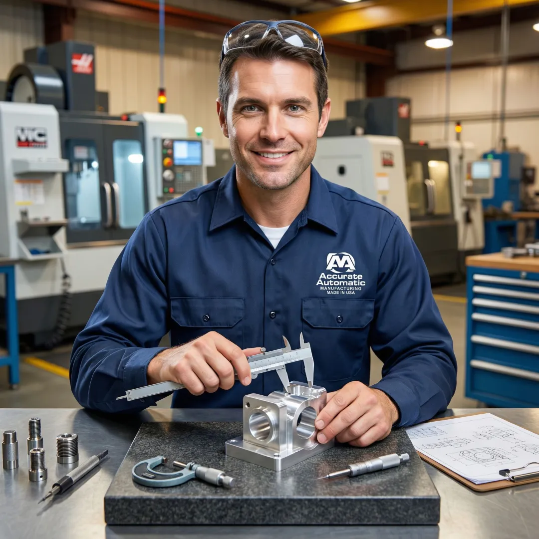 Quality inspector measuring a precision machined metal part with calipers in a machine shop