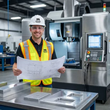 Machinist reviewing CNC plate processing steps on a workshop floor