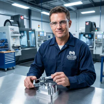 CNC machinist inspecting precision machined metal components at a quality control station
