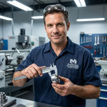 Machinist inspecting a precision CNC-machined metal part with calipers