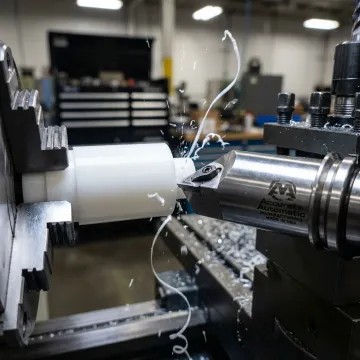 CNC lathe turning a custom plastic component in a precision machine shop