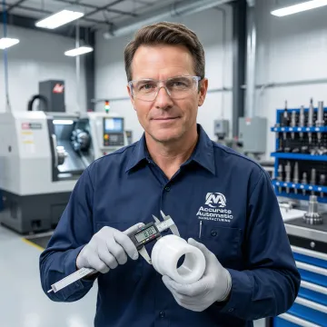 Machinist inspecting a precision-turned plastic part at a CNC machine shop