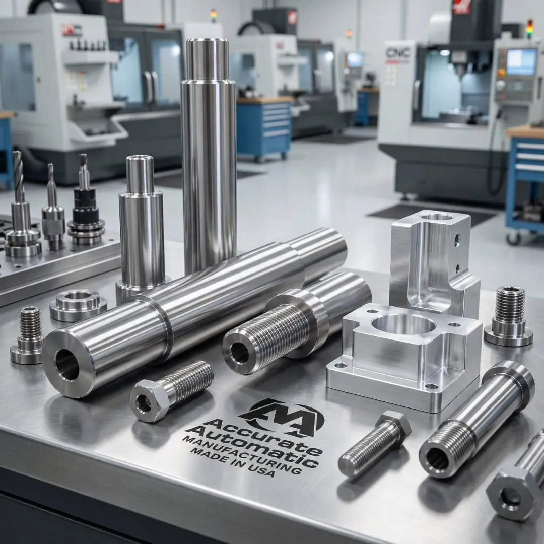 Precision machined metal parts produced by CNC equipment in a professional machine shop