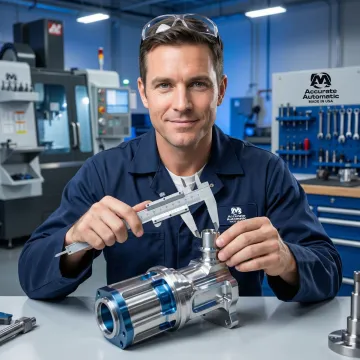 Machinist inspecting a precision CNC-machined defense component with measurement tools