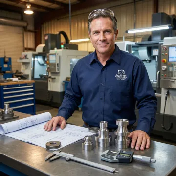 Engineer reviewing precision machined screw machine parts and technical drawings at a manufacturing workstation