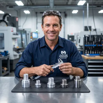 Machinist inspecting precision CNC Swiss turned metal parts at a manufacturing facility