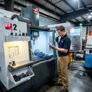 CNC machinist operating precision milling machine in a manufacturing facility