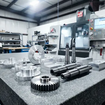 Precision CNC machined metal parts arranged on an inspection surface