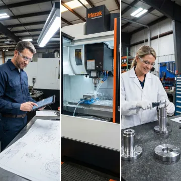 CNC machining process steps showing setup, machining, and quality inspection of precision parts