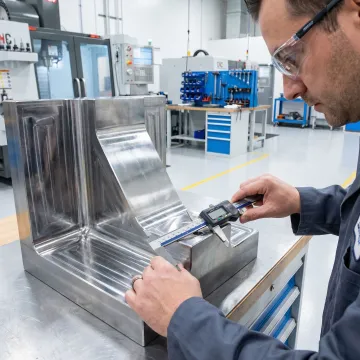 Machinist inspecting a precision railroad component on a CNC machine
