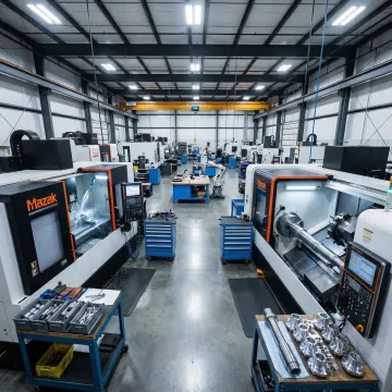 CNC fabrication shop with precision milling machines in operation