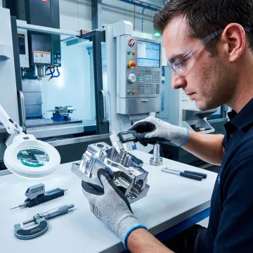CNC machinist inspecting a precision-turned metal part at a machine shop