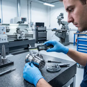 CNC machinist inspecting a precision-machined part during the quality control process
