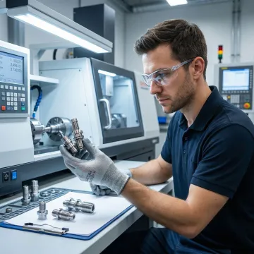CNC machinist inspecting precision screw machine parts on a production floor