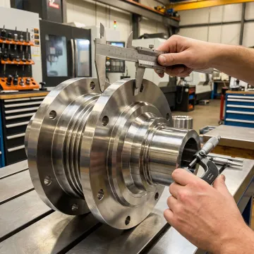 Machinist performing quality inspection on a large CNC turned metal part using precision measuring tools