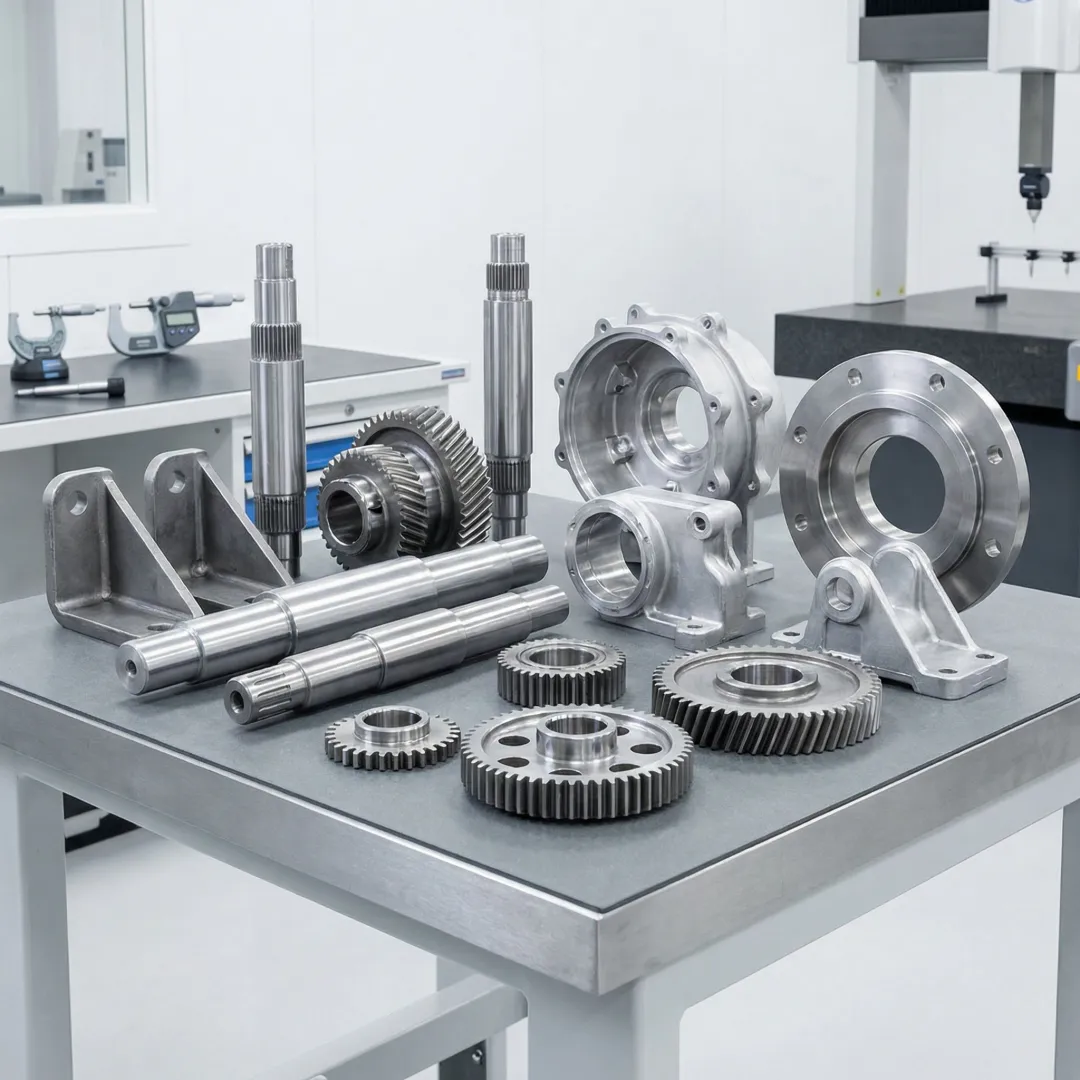 Precision machined metal parts for agricultural machinery laid out for inspection