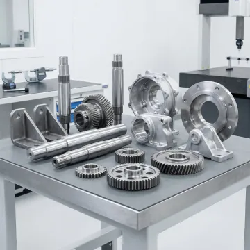 Precision machined metal parts for agricultural machinery laid out for inspection