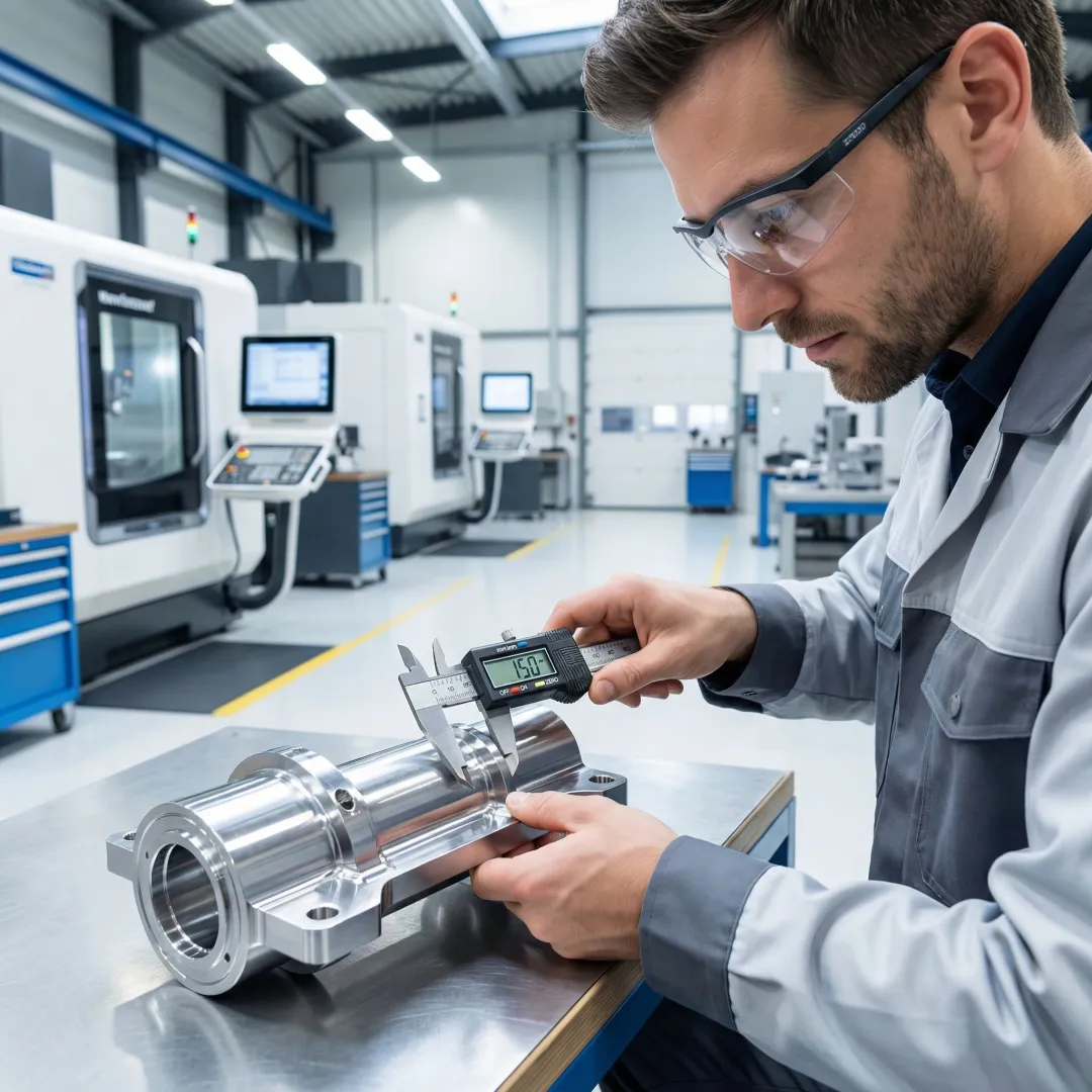 Machinist inspecting a precision CNC-cut metal component in a machine shop