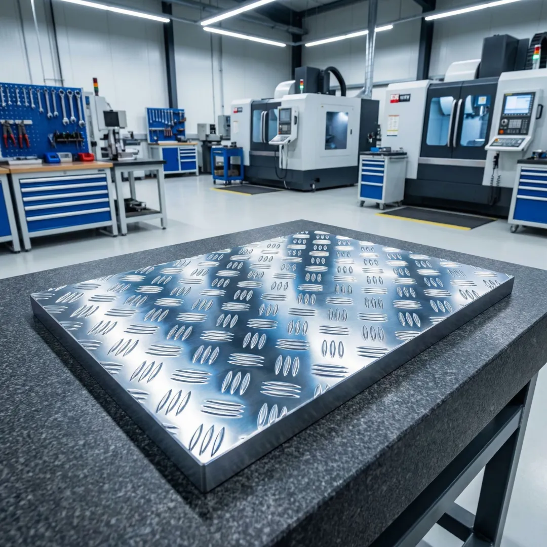 Precision CNC machined large metal part being inspected for quality in a manufacturing facility