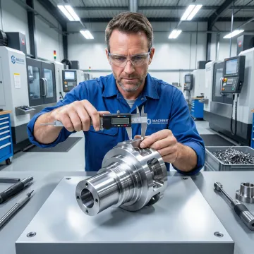 CNC machinist inspecting precision-machined metal components on a quality control bench