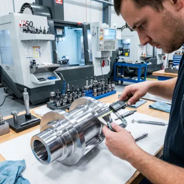 CNC machinist inspecting a large turned metal part for quality and dimensional accuracy