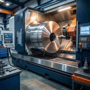 Large part CNC turning machine producing precision metal components in a manufacturing facility