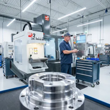Machinist reviewing CNC program on a control panel next to a precision-machined metal component
