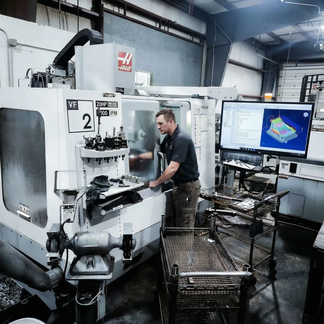 Technician reviewing CNC router toolpath program on a computer screen in a machine shop