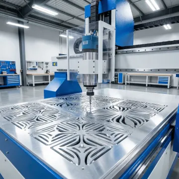 CNC router machine precisely cutting a flat workpiece in a professional machine shop