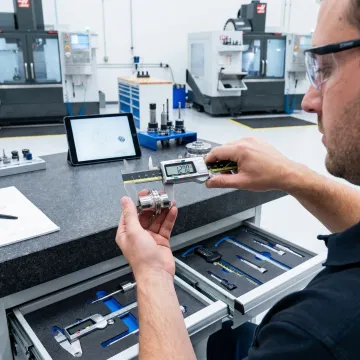 Machinist inspecting a precision-turned part from a CNC Swiss lathe at a quality control station
