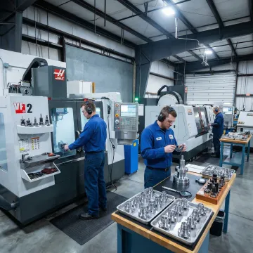 Precision manufacturing facility with CNC machines producing high-tolerance metal components