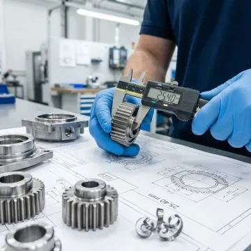 Engineer reviewing precision machined metal components in a manufacturing facility