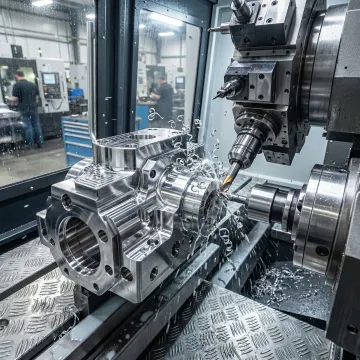 Multi-axis CNC turning machine producing a precision metal part in a machine shop