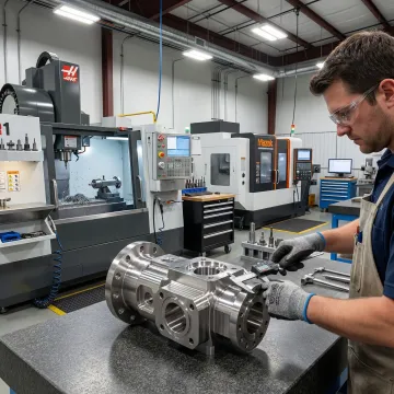 CNC machinist inspecting a precision energy industry component