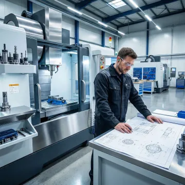 CNC machinist reviewing technical blueprints next to a precision machining center