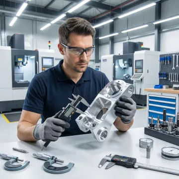 CNC machinist inspecting a precision aerospace component at a machine shop
