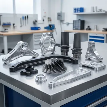 Aerospace CNC machined metal parts on a precision manufacturing worktable