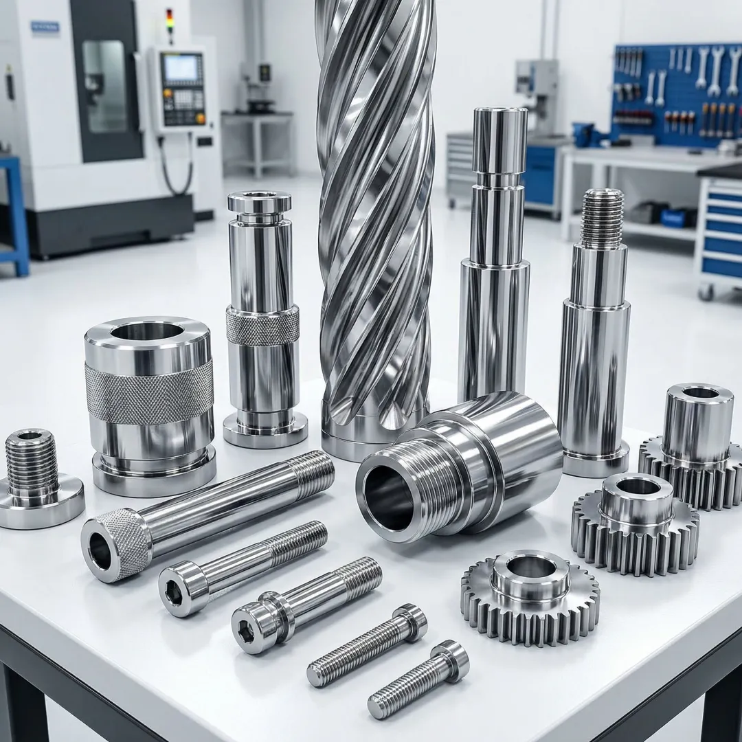 Close-up of precision machined metal screw machine parts lined up for quality inspection