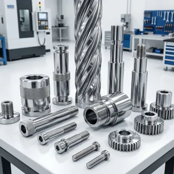 Close-up of precision machined metal screw machine parts lined up for quality inspection