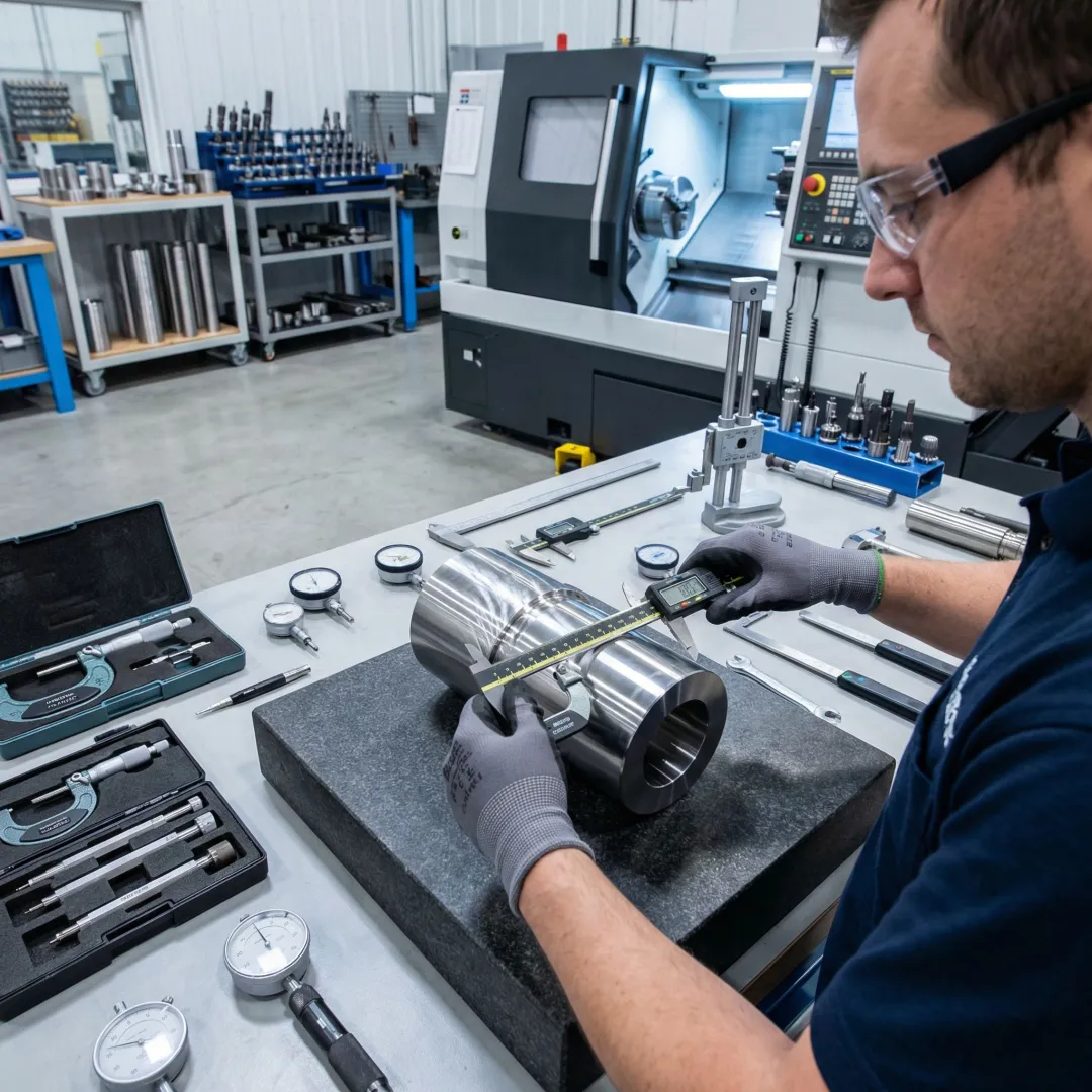 Machinist inspecting a precision CNC turned part using measurement tools