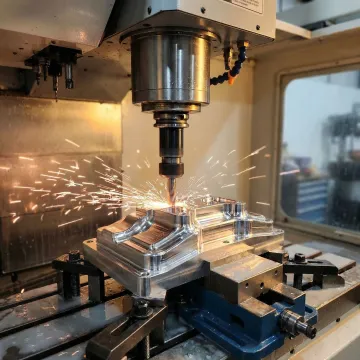 High precision CNC fabrication machine actively milling a metal component in a manufacturing facility