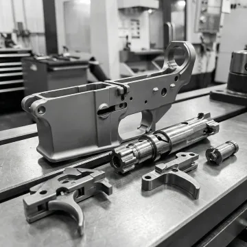 Precision CNC machined firearm components on a machining center worktable