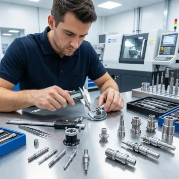 Precision machined parts being inspected by a quality technician in a CNC machine shop