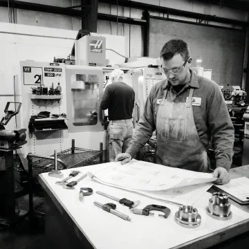 Machinist reviewing precision part blueprint during manufacturing process