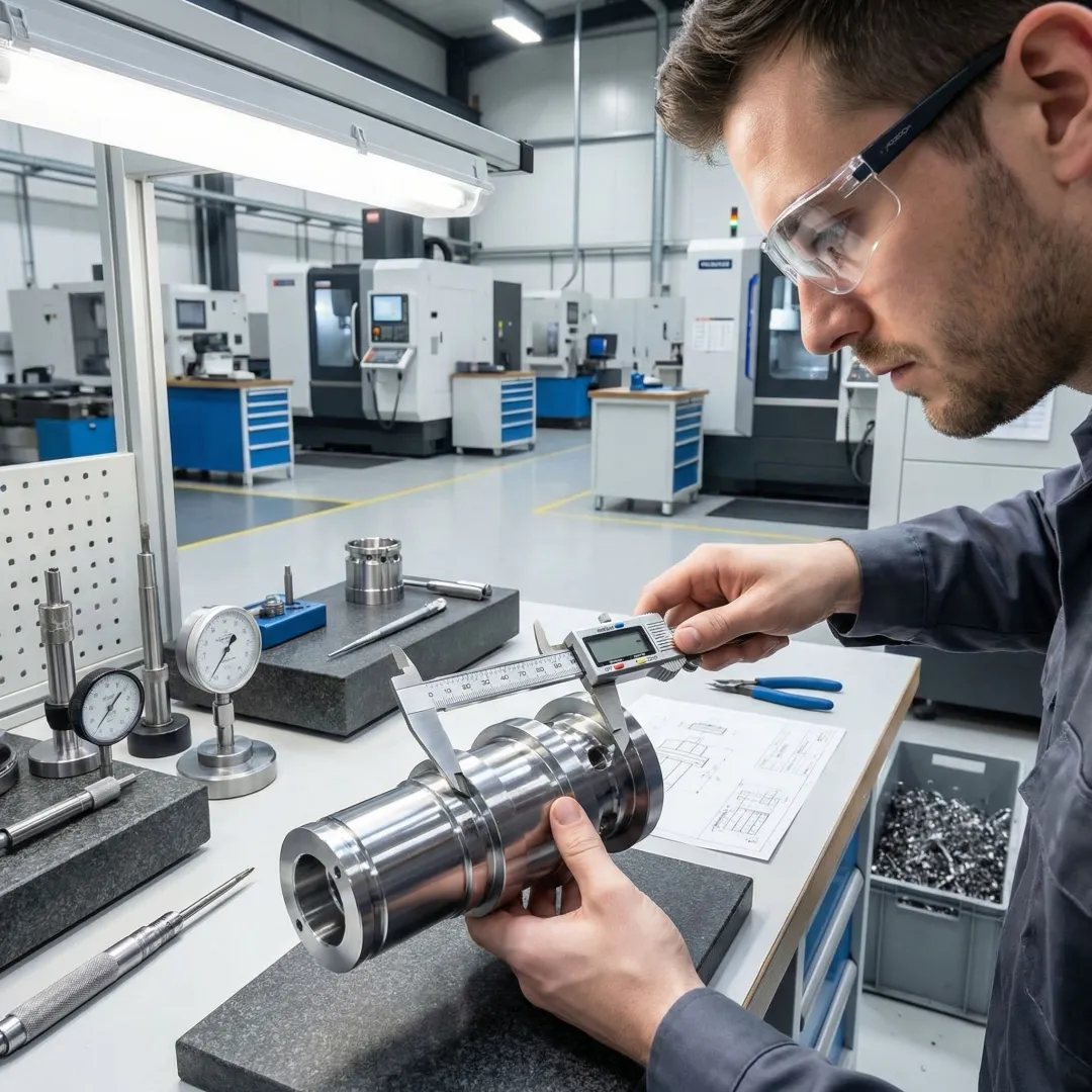 CNC machinist reviewing precision machined metal parts during quality inspection