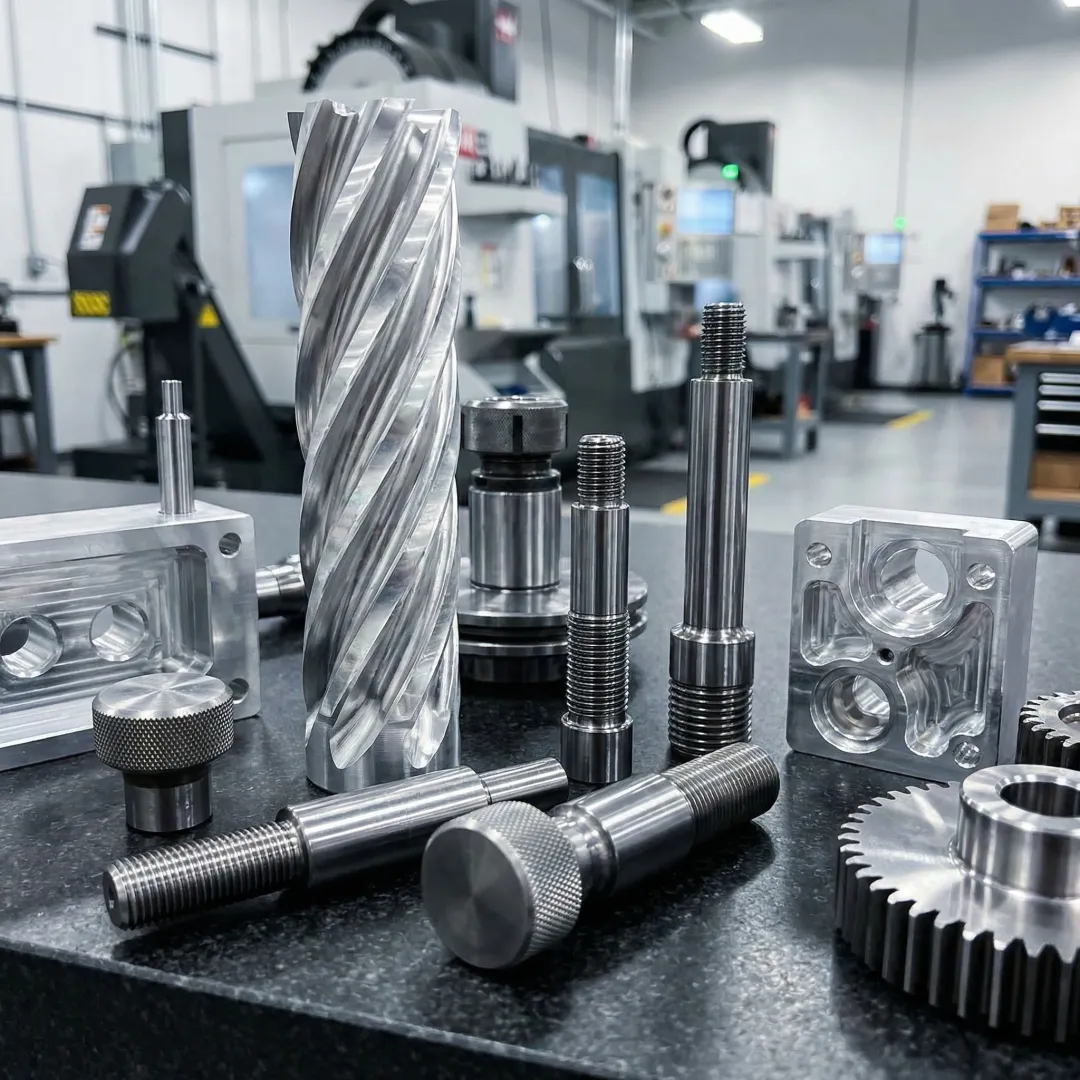 Precision CNC machined metal parts laid out on a quality inspection table