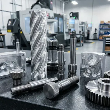 Precision CNC machined metal parts laid out on a quality inspection table