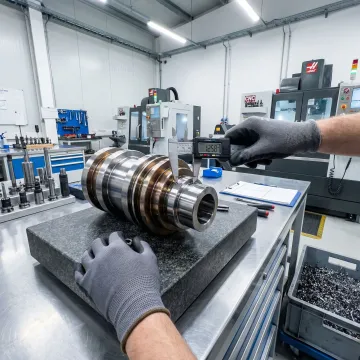 CNC machinist inspecting a precision machined metal part with calipers in a manufacturing facility