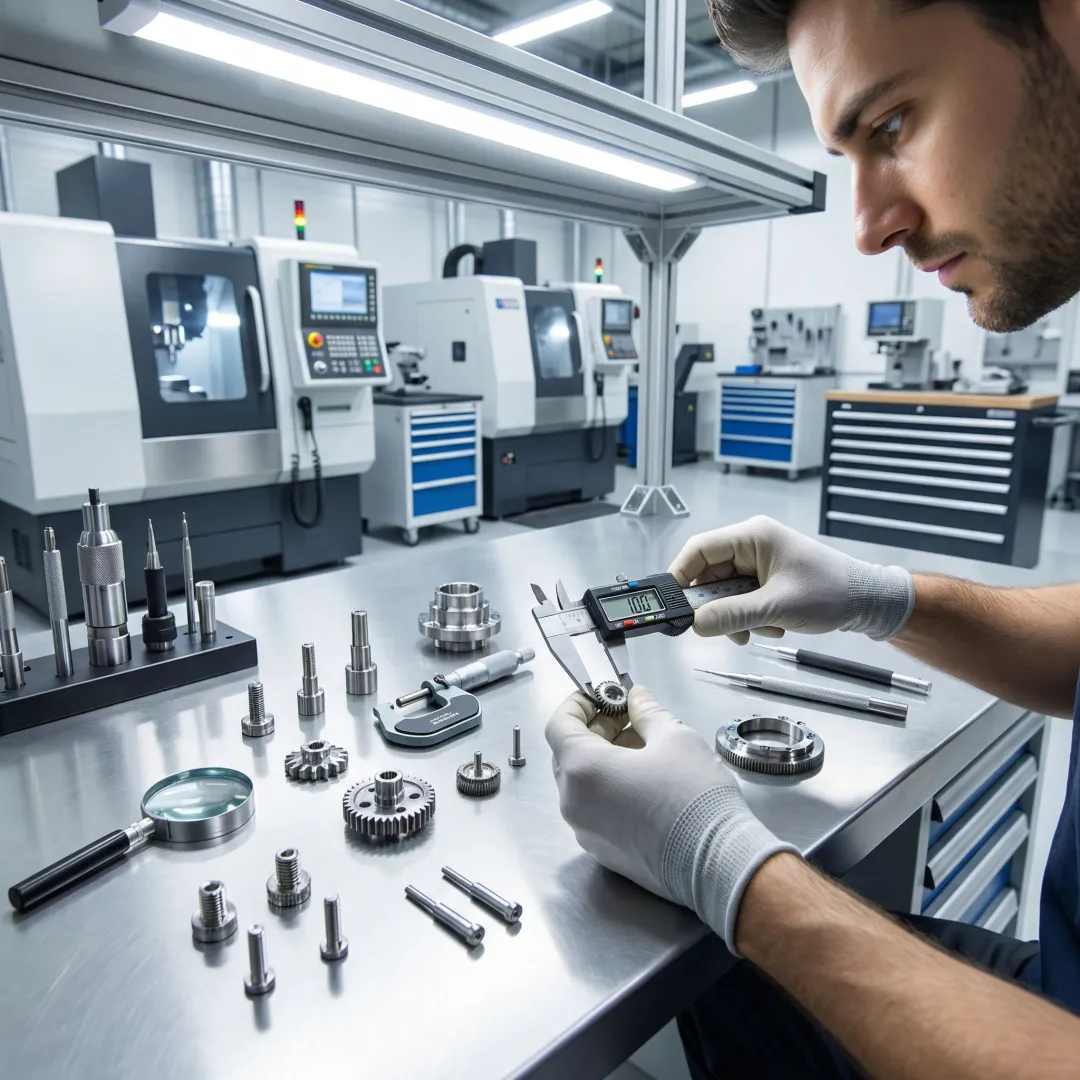 Machinist inspecting precision CNC Swiss turned parts during quality control