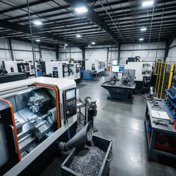 CNC precision machine shop floor with advanced milling and turning equipment in operation